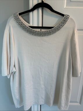 Talbots Cream Short-Sleeve Sweater with Crystal Collar